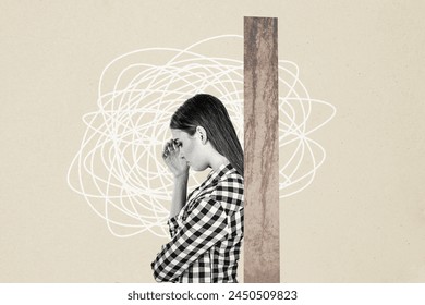 怒っている女の子のコンポジットフォトコラージュが目立つ非難ヘイトいじめステレオタイプの頭痛塗られた背景にうつ病ストレスの写真素材