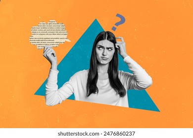 Composite photo collage of doubtful girl hold text cloud box communication correspondence question sign isolated on painted background: stockfoto