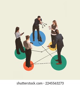 Contemporary art collage. Meeting. Manager shouting at employees, spreading tasks and deadlines among workers. Connection and strategy. Concept of career development, business, motivation, teamwork - Φωτογραφία στοκ