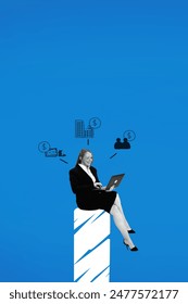 Contemporary art collage. Young woman sitting on column and working in laptop, indicating active engagement in business activities. Concept of business, acquisition, retention, merger, partnership Stock-foto