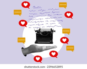 Content creation and positive reviews. Collage with a hand and a typewriter. Arkistovalokuva
