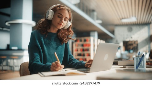 Concentrated Young Female Student Engaged in Academic Research With Laptop and Headphones at Modern Library Desk, Writing Notes and Studying Online. Adlı Stok Fotoğraf
