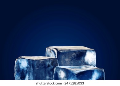 Cool ice cube podium stage blue 3d background with winter iceberg product display empty presentation scene or cold advertising platform stand studio template and blank snow pedestal frozen backdrop. Stockfoto