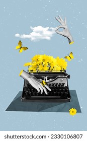 Collage 3d image pinup pop artwork of hands typing copywriter mechanical vintage keyboard yellow bouquet daisy isolated on blue background Stock Photo