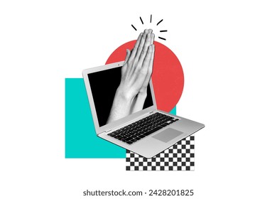 Collage 3d pinup pop sketch image of praying arms growing apple samsung modern device isolated white color background: stockfoto