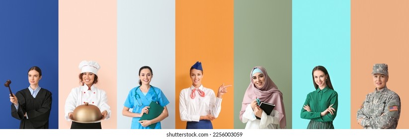 Collage of different working women on color background. Women's History Month Stock Photo