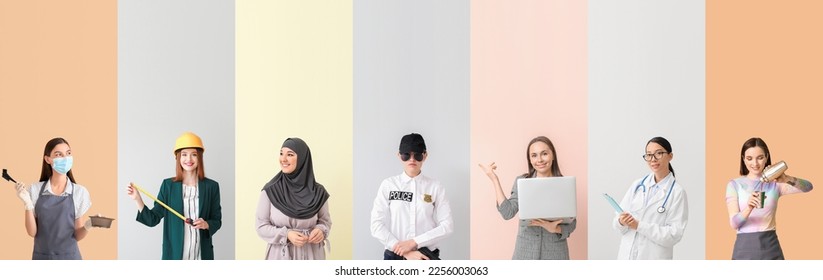 Collage of different working young women on light background. Women's History Month Stock Photo