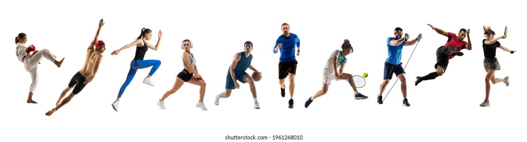 Collage of different professional sportsmen, fit people in action and motion isolated on white background. Flyer. Concept of sport, achievements, competition, championship. Hockey, gymnastics, tennis. Stock-foto