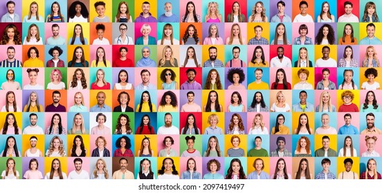 Collage of large group of smiling people composite portrait image gathered together reaching out each other 4g 5g connection contacting multiracial society ஸ்டாக் ஃபோட்டோ