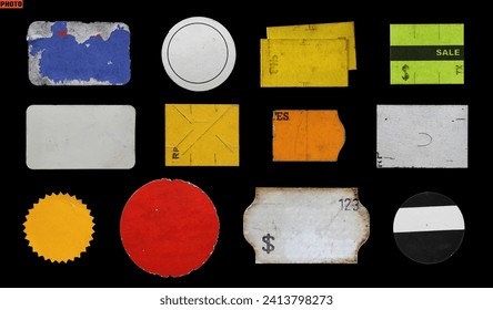 
collection of blank old sticker, label, price tag template for mockup. isolated dirty, ripped, half peeled stickers	 Foto Stock