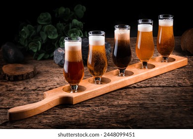 Collection of five types of different beer in glasses. set of 5 beers for tasting in pub, rustic style – Ảnh có sẵn