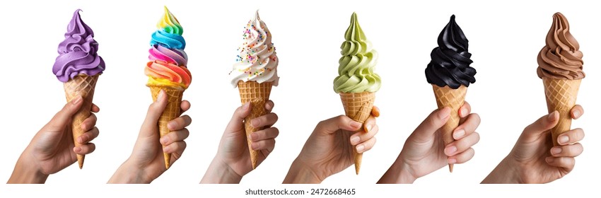 Collection of hand holding Soft serve Yoghurt Ice cream swirl on waffle cone on background cutout file. Many assorted different flavour Mockup template for artwork design.	
 库存照片