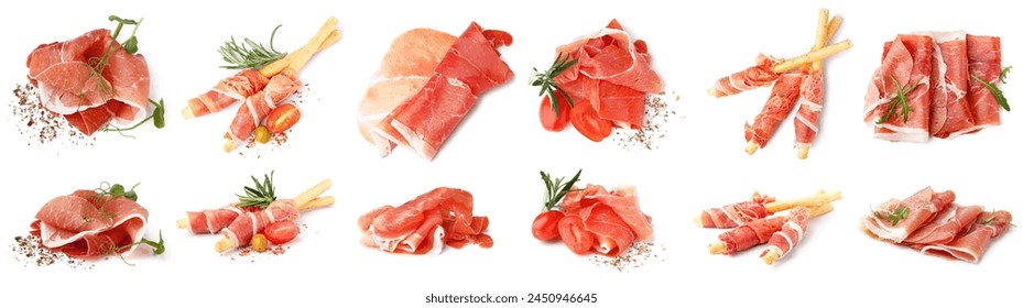 Collection of tasty Italian prosciutto on white background – Ảnh có sẵn