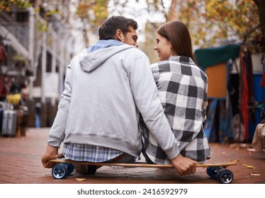 Couple, travel on skateboard and outdoor in city, happy and conversation with partner, learn together and relationship. Cape town, fun and hobby with boyfriend and girlfriend in street, love or date Foto stock