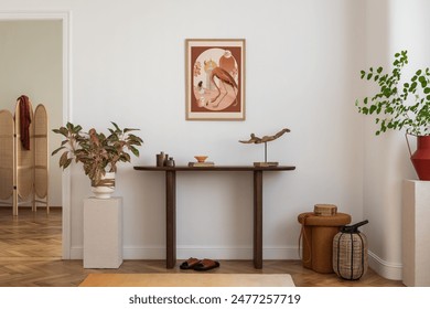 Cozy and stylish interior of living room with mock up poster frame, wooden console, flowers in vase, decorations and personal accessories. Modern home decor. Template. - Φωτογραφία στοκ