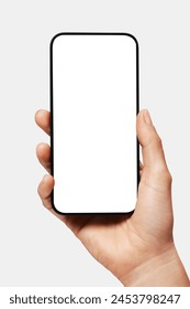 Close up of woman hand holding modern smart phone mockup. New modern black frameless smartphone mockup with blank white screen. Isolated on white background high quality studio shot Modern smart Stock fotografie