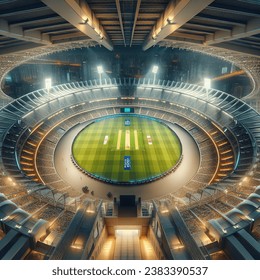 Close up photo of oval sports stadium above view with floodlights hyper realistic wide view cricket pitch in a city