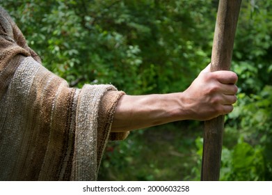 木の杖を持つ雄の手の写真素材