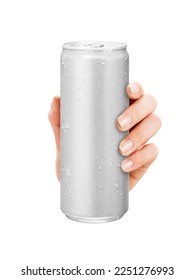 Close-up of hand holding Empty aluminum can with condensation. isolated on white Background. front view. - Φωτογραφία στοκ