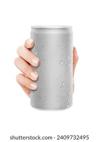  Close-up of hand holding Empty aluminum 375ml can with condensation. isolated on white Background. front view. - Φωτογραφία στοκ