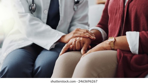 Closeup, hands or care as doctor, patient or healthcare consultation to trust, support or help. People, lab coat or touch as hope, faith or prayer in medical appointment to discuss retirement health Stock fotografie