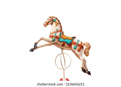 Close-up of a plastic horse of a carousel horses or merry-go-round isolated on white background. Italy, Europe. Stock Photo