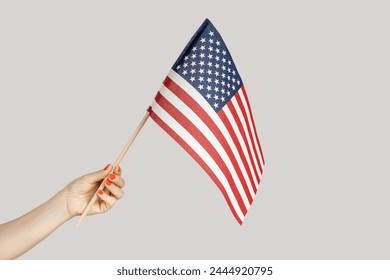 Closeup of woman hand showing american flag, traveling to United States, immigration. Indoor studio shot isolated on gray background. Foto stock