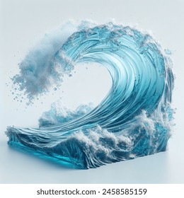 clear blue ocean wave water splashing, simple, 3D, daylight, white background, isolated, from below
