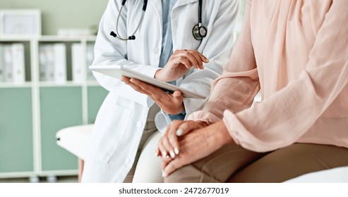 Clinic, tablet and hands of doctor with patient for consulting, medical service and help in hospital. Healthcare, telehealth and people on digital tech for diagnosis, online results and insurance 库存照片