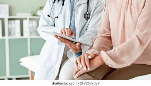 Clinic, tablet and hands of doctor with patient for consulting, medical service and help in hospital. Healthcare, telehealth and people on digital tech for diagnosis, online results and insurance Stockfoto