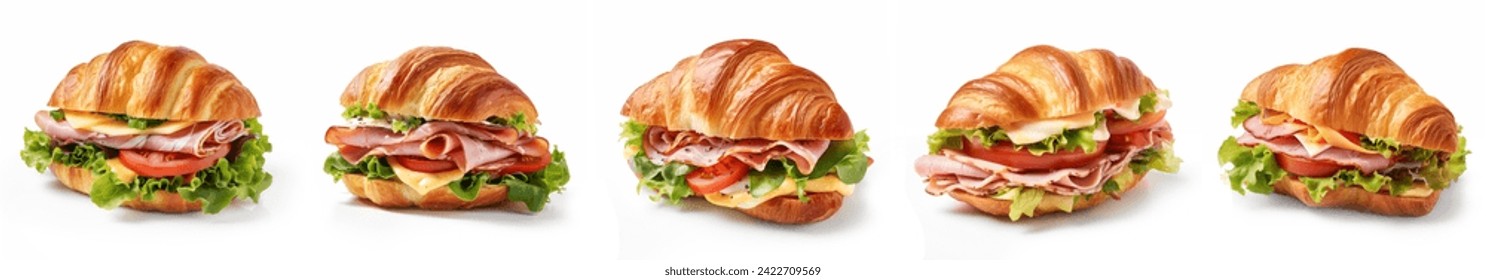 Croissant sandwiches set collection on white background. Croissant with cheese lettuce and tomatoes, sliced meat, salami. croissant with ham and lettuce isolated on white background. Stock-foto