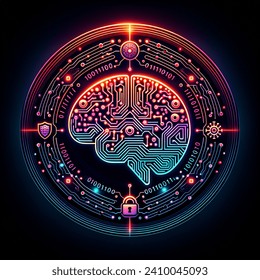 create a futuristic round image on black background based on cyber security, artificial intelligence, generative ai, ransomware and cyber attacks.