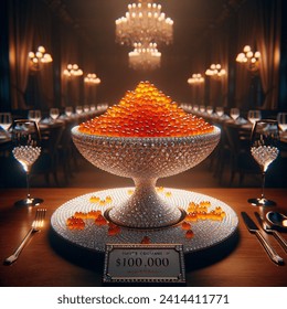 100,000,000と書かれた看板を持つ、豪華なレストランで、ダイヤモンドで作られたプレートに非常に高価なオレンジ色のキャビアスープのイメージを作成します