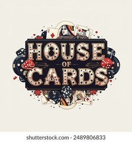create a word named "HOUSE OF CARDS" made up entirely of playing cards featuring the Ace the queen The King and The Jack card especially have the colours only be navy red black and white have dice and game related icons around the name HOUSE OF CARDS