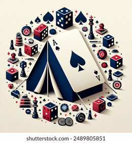 create a tent made up of playing cards featuring the Ace the queen The King and The Jack card especially have the colours only be navy red black and white have dice and game related icons around the house of cards