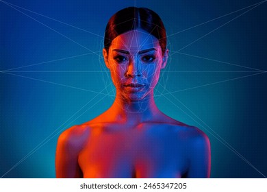 Creative trend collage of cyber futuristic vibrant gradient elegant lady vogue scan face beauty device skin analyzing Stockfotó
