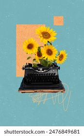 Creative abstract template collage of typewriter flowers sunflowers writing novelist writer unusual fantasy billboard comics Stock Photo