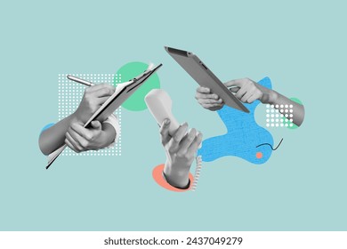 Creative collage human hands workflow office busy telephone operator project organization documents paperwork filling write down tablet Stock Photo