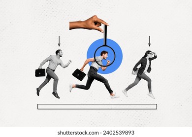 Creative collage photo poster banner three running person businesspeople magnifying loop arm time limit hurry rush white background Foto stock