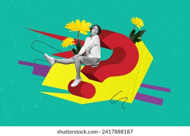 面白い男の創造的な図面コラージュ写真クエスチョンマーク検索答え黄色の花春の奇妙なフリーク奇妙な珍しいファンタジーの写真素材