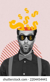Creative drawing collage picture of man dollar signs head sunglass excited rich income win lottery greedy isolated drawing backgrounds Foto stock