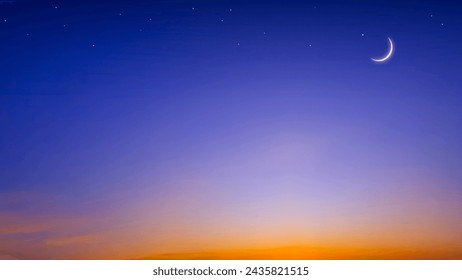 カラフルな夕空に三日月と星、ラマダンの美しい夜空、聖月の背景の装飾、テキストを編集するための空き容量 の写真素材