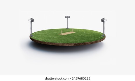 Cricket Stadium, grass stadium green lawn Vibrant and bustling with energy, this iconic venue is the epicenter of excitement and passion for cricket enthusiasts around the world. 3D Illustration Foto stock