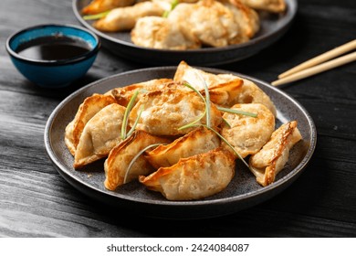 Crispy fried dumplings Gyoza with vegetables. Asian food. 库存照片