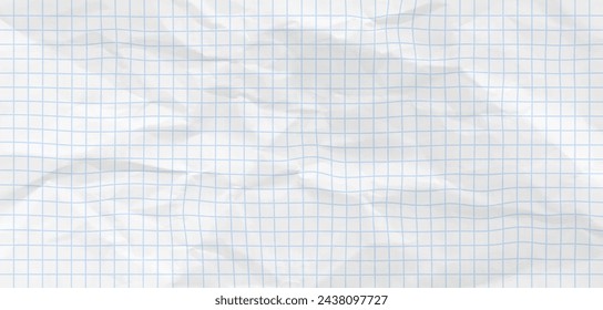 Crumpled blue checkered paper texture realisric vector illustration. White blank notebook sheet with grid, wrinkle and crease effect, note page mock up, educational template Adlı Stok Fotoğraf