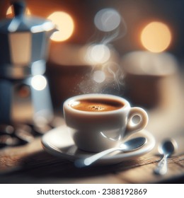 A Cup Of Coffee On A Saucer With A Spoon, A Tilt Shift Photo, Anamorphic Bokeh, Italian