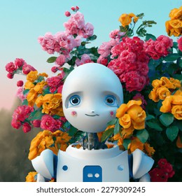 Cute character 3D image of 3D robot in flowers, high detail, landscape, cute character 3D image of cute character 3D image of robot face on human body with a bunch, flowers, cute character 3D image of cute character 3D image, isolated cute small avatar,