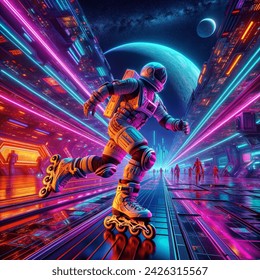 Cyberpunk photo of astronaut playing rollerblade colorful outta space