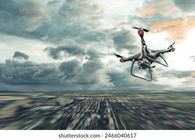 Dark drone in flight over the city. Arkistovalokuva