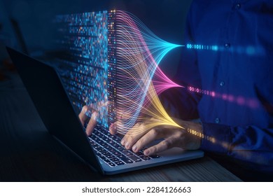 Data science and big data technology. Scientist computing, analysing and visualizing complex data set on computer. Data mining, artificial intelligence, machine learning, business analytics. स्टॉक फोटो